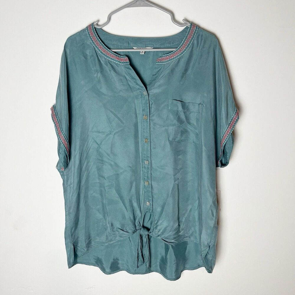 John Mark Womens Tie Front Blouse Kimono Sleeve Split Neck Embroidered Size XL‎